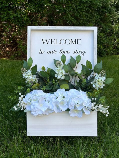 Welcome To Our Love Story, Flower Box Welcome Sign, Welcome Sign Bridal, Flower Sign, Shower Box, Wedding Balloon Decorations, Welcome Boards, Wedding Balloons, Flower Box