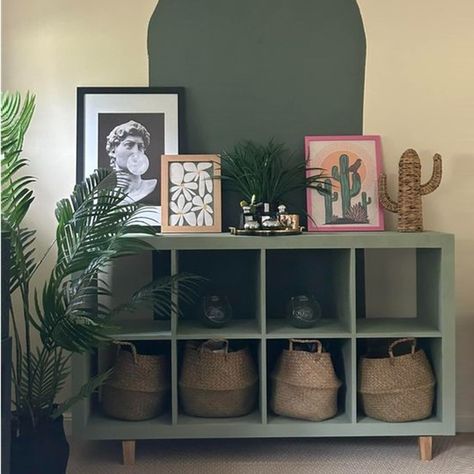 We love furniture upcycles! 💚 "Just a bit of paint on an old ikea unit and 4 legs, and I’m pretty impressed if I do say so myself" Paint: Rust-Oleum Furniture Paint 'Bramwell' Legs: Ebay Baskets: Shein #diy #onabudget #ikeahack #kallax #homedecor #furnituremakeover #rustoleum Kallax Unit, Ikea Units, Girl Apartment, Ikea Kallax, Kallax Ikea, Rust Oleum, Furniture Paint, Cube Storage, Ikea Hack