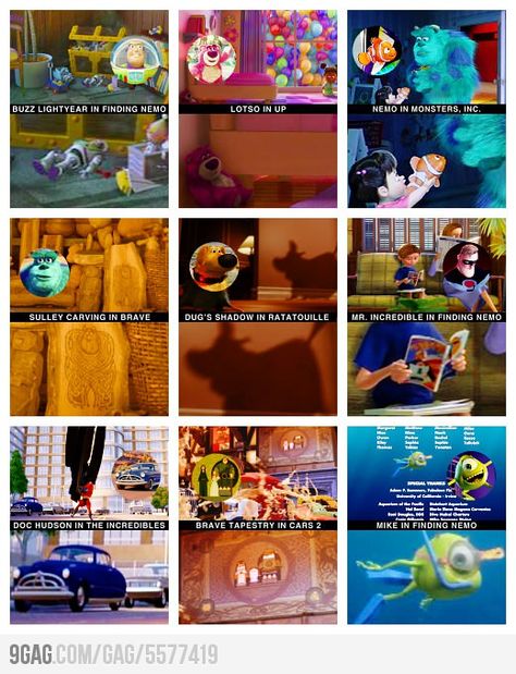 Pixar Easter Eggs! I love it when they do this kind of thing! Funny Disney Quotes, Funny Disney Pictures, Disney Easter Eggs, Quotes Mind, Disney Quotes Funny, Disney Secrets, Disney Easter, Pixar Characters, Funny Disney