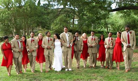 Very similar to my wedding colors! Love the beige suits with the poppy red!! It's going to look amazing! Beige And Red Wedding Theme, Tan And Red Wedding, Red And Tan Wedding Theme, Red And Beige Wedding, Beige Wedding Theme, Khaki Wedding, Chanel Wedding, Beige Bridesmaids, Wedding Vow Renewal Ceremony