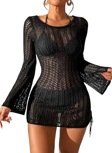 Herseas Women Swimsuit Crochet Swim Cover Up 2024 Summer Long Sleeve Bathing Suit Swimwear Knit Mesh Beach Dress Cover Ups, Ups, Cover Up, Collar, Crochet, Free Shipping, Long Sleeve, Black