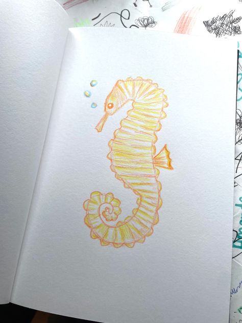 Seahorse drawing in yellow and orange color pencil, easy, simple, tutorial, fast, details Seahorse Drawing Simple, Seahorse Drawing Easy, Sea Horse Drawing, Seahorse Drawing, Coral Drawing, Crayon Drawings, Sea Colour, Pencil Drawings Easy, Horse Drawing