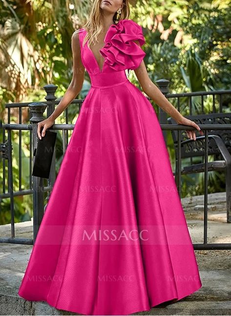 A-Line V-Neck Satin Mother Of The Bride Dresses With Cascading Ruffles Satin Pink Dress, Dresses Western, Rose Fushia, Diy Hair Accessories Ribbon, Sparkle Wedding Dress, Cascading Ruffles, Mom Dress, Bride Dresses, Evening Dresses Prom