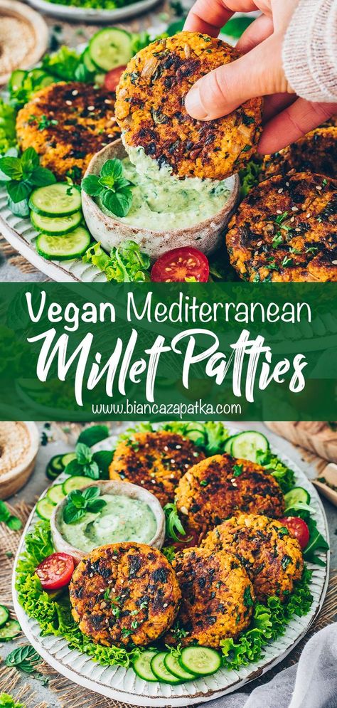 Millet Veggie Burger, Millet Burgers Vegan, Millet Recipes Dinner, Vegan Millet Recipes, Millet Patties, Vegetables Fritters, Millet Cake, Millet Salad, Herb Dip