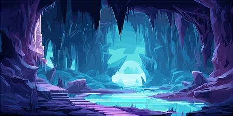 Cave dark tunnel with stalactites game p... | Premium Vector #Freepik #vector #water #nature #purple #background Mystical Cave Art, Magical Cave Illustration, Fantasy Vector Art, Cave Illustration Fantasy Art, Guache Ideas, Cave Concept Art, Arcade Background, Game Environment Concept Art, Cave Illustration