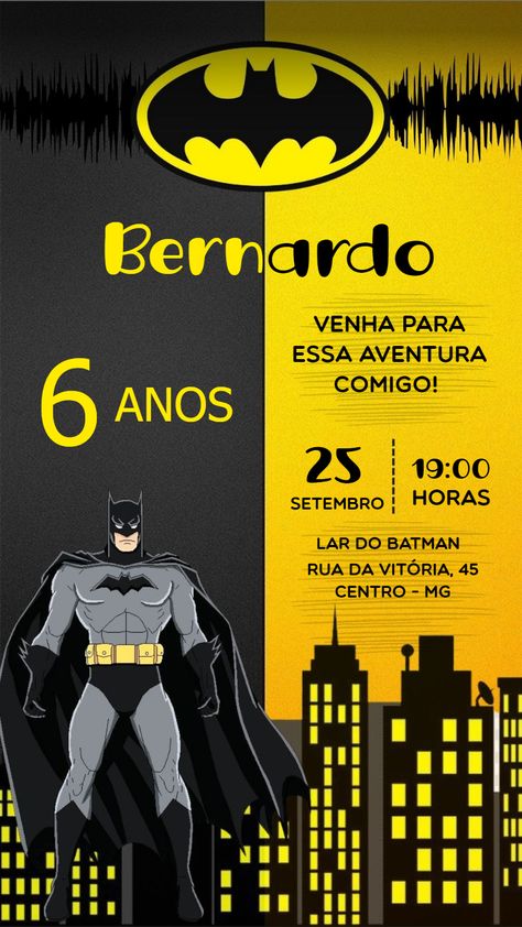 Design by FELICITY | Arte digital convite Aniversário batman para editar e baixar grátis com marca d'água Como fazer convite online Aniversário batman? 1) Escolha um dos muitos modelos disponíveis de convite online Aniversário batman para você editar. 2) Edite e personalize com muita facilidade seu convite online Aniversário batman usando nosso editor online. 3) Quando o seu convite online Aniversário batman estiver pronto clique em baixar e envie seu convite online Aniversár Batman Birthday Party, Batman Birthday, Invitation Card Design, Boy Party, Book Art Drawings, Baby Shark, Birthday Bash, 4th Birthday, Invitation Cards