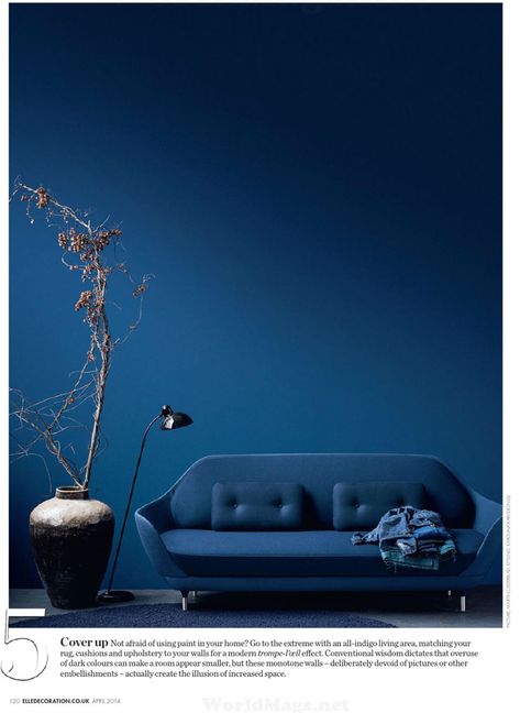 Magazine: Elle Decoration UK April 2014 Elle Decoration - British Edition Title: All About Indigo By: Phoebe Harris Text: Frances Hedges Treading the line between blue and violet - deep, electric and imperial! Indigo Blue Living Room, Navy Paint Colors, Indigo Walls, Navy Blue Living Room, Purple Palette, Deco Studio, Cozy Fall Decor, Paint Color Schemes, Paint Color Palettes