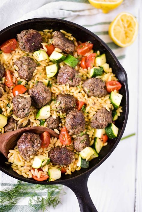 Small Dinner Recipes, Meatball Skillet, Orzo Skillet, Greek Meatballs, Lemon Orzo, Wooden Ladle, Spiced Beef, Iron Skillet Recipes, Orzo Recipes