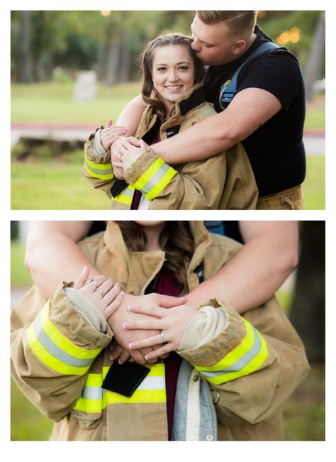 Firefighter Couple Pictures, Firefighter Engagement Pictures, Firefighter Wedding Cakes, Firefighter Couple, Fireman Wedding, Firefighter Engagement, Firefighter Photography, Themed Engagement Photos, Country Engagement Pictures