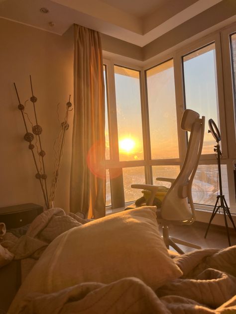 Sunset at home, my room Sunset Room, Parents Bedroom, Home Aesthetics, Early Evening, My Room, Wonton Soup, Room Furniture, Room Ideas, Vision Board