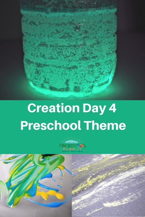 This Creation Day 4 Preschool Theme is based on Genesis 1:6-8 including lesson plans, activities & Interest Learning Center ideas for your Preschool Classroom! Bereishit Preschool, Creation Day 4 Activities Preschool, Creation Theme Preschool, Creation Science Experiments, Creation Art Projects, Creation Day 4 Craft, Creation Lesson For Preschoolers, Day 4 Creation Craft, Creation Day 6 Preschool Craft