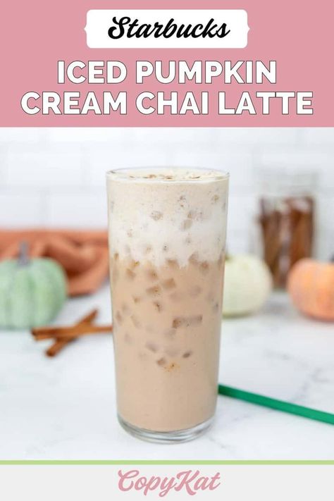 Starbucks Iced Pumpkin Cream Chai is a deliciously refreshing and creamy tea drink with fall flavors. Chai tea is combined with milk, poured over ice, and topped with pumpkin cold foam and pumpkin pie spice. Get the easy copycat recipe and find out how to make an iced pumpkin cream chai tea latte like Starbucks. Starbucks Iced Chai Tea Latte Recipe, Chai Latte Starbucks, French Vanilla Syrup, Chai Tea Latte Recipe, Iced Chai Tea Latte, Chai Latte Recipe, Starbucks Vanilla, Iced Drinks Recipes, Iced Chai