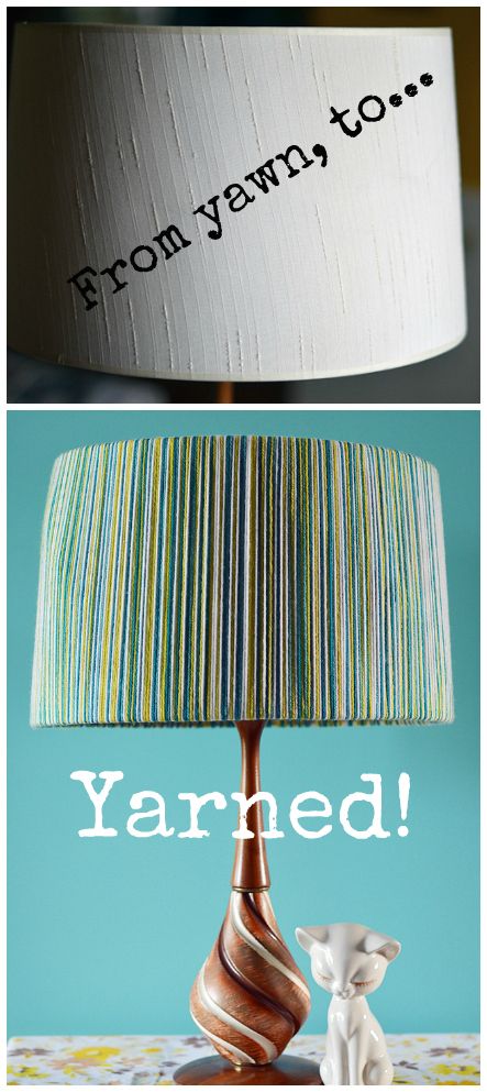 Upcycle: Yarn-bomb a lamp shade! Yarn Wrapped Lampshade, Yarn Lampshade, Lamp Upcycle, Lamp Without Shade, Lampshade Makeover, Green Lamp, Sari Ribbon, Diy Yarn, Diy Lamp Shade