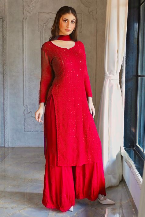 Shop for Label Aishwaryrika Georgette Chikankari Embroidered Kurta for Women Online at Aza Fashions Red Kurti Design, Suits For Women Indian, Red Kurti, Kurta Palazzo Set, Red Kurta, Simple Frocks, Churidar Designs, Anarkali Dress Pattern, Salwar Kamiz