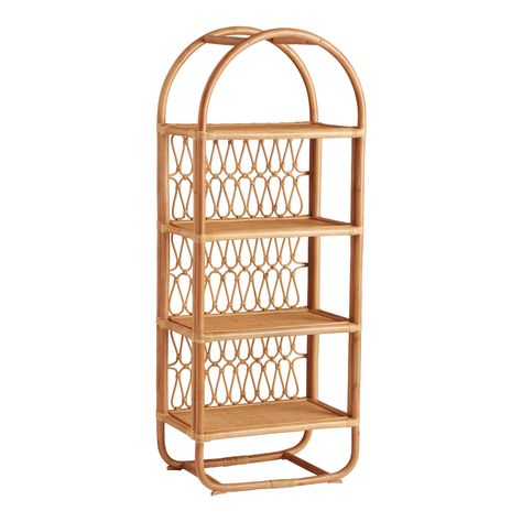 Dining Storage And Bars To create the arched profile of our Nylah tall bookcase, natural honey-hued rattan is bent and woven by artisans in Indonesia into gorgeously swooping curves. This exclusive natural-fiber storage piece features four open shelves enclosed in a tall rattan frame. With intricate details like a gracefully looping back, this airy yet sturdy bookshelf elevates your decor with warm boho style. Material: Rattan , Color:Brown > Natural. Also could be used for home decor,decor,fami Boho Storage Cart, Rattan Furniture Standing Shelves, Boho Floor Shelf, Tall Boho Shelf, Rattan Shelves Bookshelves, Low Rattan Shelf, Round Boho Shelf, Rattan Wall Book Shelf, Rattan Shelf In Nursery