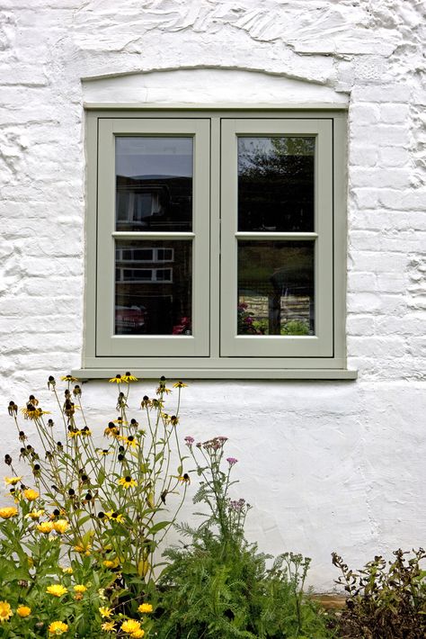 Casement Windows Exterior, English Cottage Exterior, Flush Casement Windows, Terrace House Exterior, Cottage Windows, Green Windows, Cottage Renovation, Timber Windows, Cottage Exterior