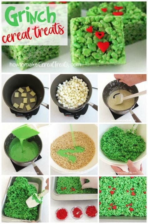 Christmas Desserts Grinch, Grinch Christmas Treats, Grinch Snack, Krispie Treats Christmas, Christmas Party Snacks, Skull Santa, Grinch Christmas Party, Xmas Treats, Christmas Baking Recipes