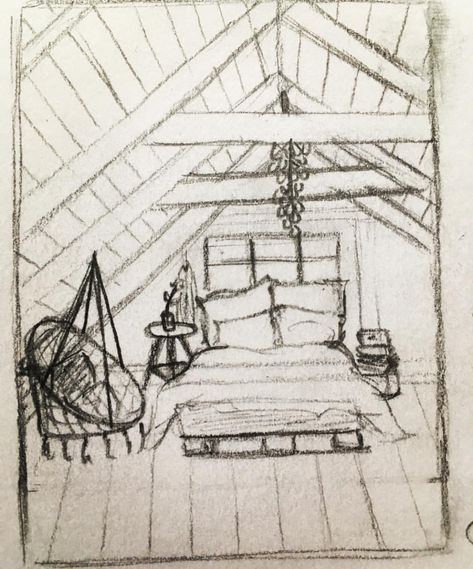 Art Sketches For Room Decor, Drawings Of Rooms Bedrooms, Cozy Room Drawing Sketch, Inside A House Drawing, Inside Of A House Drawing, Interior Room Drawing, Bedroom Sketch Drawings, Rooms To Draw, How To Draw A Bedroom