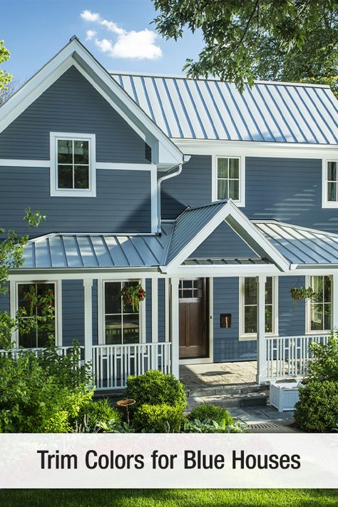 Complement a blue house with white trim for an American classic look or go with an updated twist by incorporating gray trim for a unique look and feel. #exteriordesign #curbappeal #sidingideas #exteriorideas #homeexterior #exteriorcolor #trimcolor #sidingcolor #homeexterior #exteriorcolor #jameshardie #hardiesiding #hardieplank Tin Roof House, Gray Houses, Metal Roof Cost, Metal Shingle Roof, Metal Roofing Systems, Metal Roof Houses, Metal Roof Colors, Standing Seam Metal Roof, Roof House