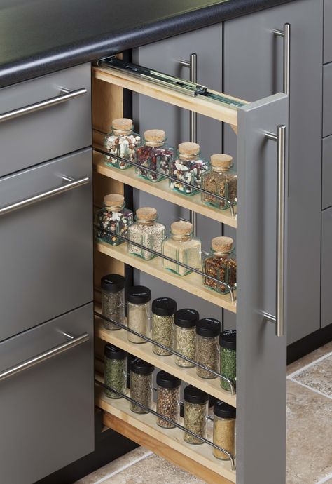 Store more spices in a pull-out cabinet.  One of the hardest working small spaces in your kitchen.  #sitelinecabinetry #storemore #spicestorage #fillerpullout #organization Houzz Kitchen, Remodeled Kitchens, Simple Kitchen Cabinets, Desain Pantry, Kitchen Modular, Kitchen Cupboard Designs, Kabinet Dapur, Kitchen Interior Design Decor, Remodeling Kitchen