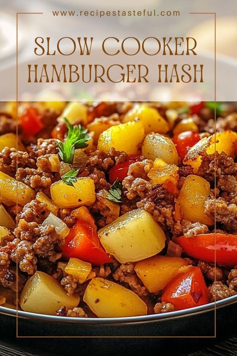 This comforting Slow Cooker Hamburger Hash is a hearty dish featuring ground beef, potatoes, and vegetables, all cooked together in a savory sauce. Perfect for busy days, it's easy to prepare and satisfies the whole family. Slow Cooker Hamburger Recipes, Slow Cooker Hamburger Hash, Hamburger Crockpot Recipes, Slow Cooker Hamburger, Hamburger Hash, Ground Beef Potatoes, Hamburger And Potatoes, Potatoes And Vegetables, Slow Cooker Ground Beef