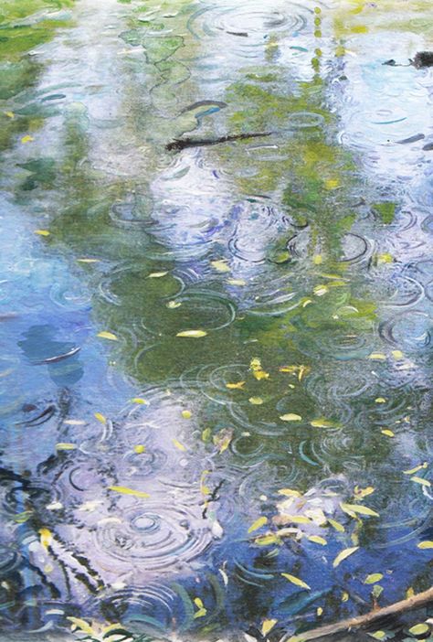 Gentle rain , soft reflections....pond on a rainy day Cloud Reflection On Water Painting, Rainy Pond Aesthetic, Watercolor Art Rainy Day, Rain On Water Painting, April Rain Aesthetic, Gentle Rain Aesthetic, Rainy Day Aesthetic Painting, Soft Gentle Aesthetic, Soft Rain Aesthetic