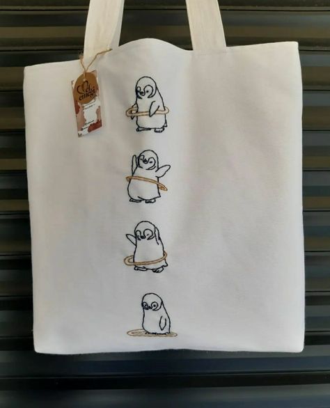 Random Diys, Penguin Embroidery, Converse Embroidery, Merch Ideas, Embroidery Bags, Baby Penguins, Diy Tote Bag, Embroidered Bag, Embroidery Ideas