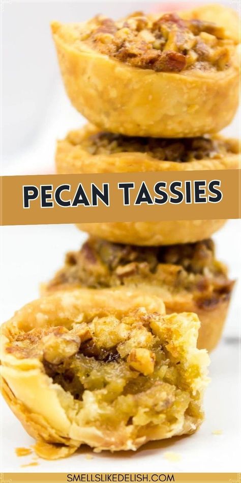 Craving pecan pie but short on time? These Easy Pecan Tassies are the answer! Made with store-bought pie crust and a mini muffin pan, they deliver all the deliciousness of pecan pie in adorable bite-sized portions. Plus, this recipe ditches the corn syrup for a healthier and just-as-scrumptious filling! Pecan Tassies Recipe, Frozen Casserole Recipes, Pecans Recipes, Pecan Tassie Recipe, Tassies Recipe, Peach Crumble Pie, Pecan Tassies, Store Bought Pie Crust, Mini Pecan Pies