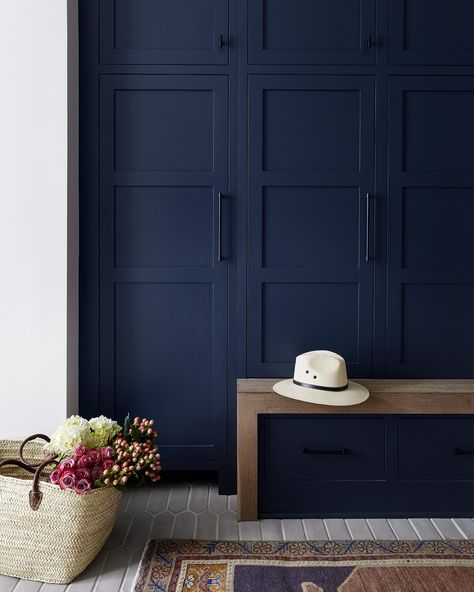 Navy Wardrobe Doors, Navy Blue Wardrobe Bedroom, Navy Wardrobe Bedroom, Family Mudroom, Wardrobe Door Designs Laminate, Grey Cement Tile, Modern Mudroom, Closet Spaces, Blue Cupboards