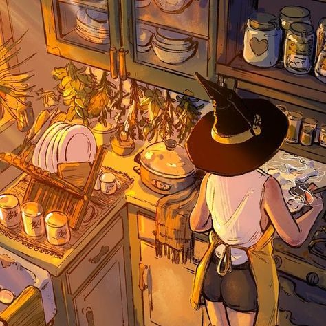 kelsijosilva on Instagram: "Golden hours 😌💕 . . . #digitalart #artistsoninstagram #illustration #witch #kitchenwitch #orangecat #tabby #art. #drawing" Golden Illustration Art, Fall Witch Art, Witch Shop Drawing, Fall Witch Drawing, Kitchen Witch Drawing, Kitchen Witch Character, Witch Kitchen Art, Witch Cooking Illustration, Witch Kitchen Illustration