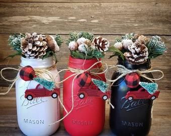 Red Truck Decor Red Truck Christmas Mason Jar Farmhouse | Etsy Tissue Jars, Christmas Goals, Truck Crafts, Red Truck Decor, Truck Decor, Red Truck Christmas, Plaid Christmas Decor, Christmas Red Truck, Jar Centerpieces