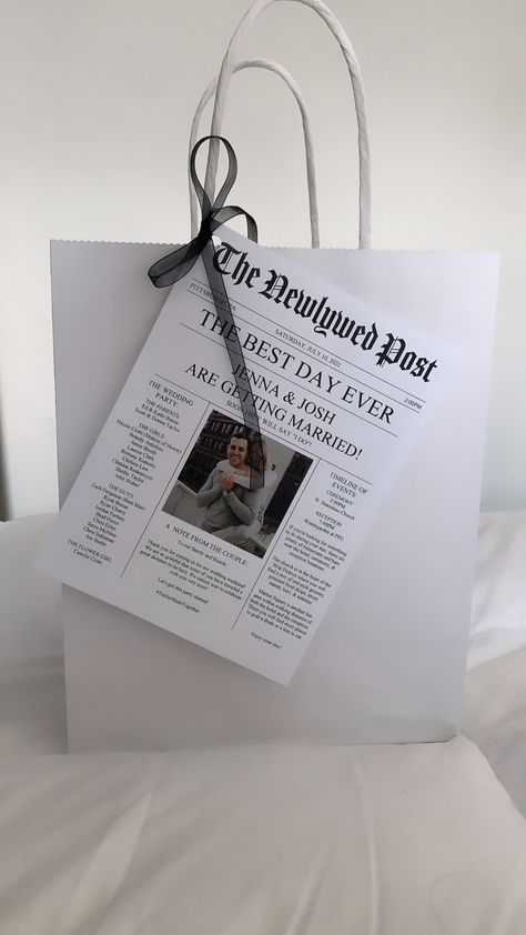 Bridesmaids Welcome Bag, Welcome Bag Notes For Wedding, Newspaper Welcome Bag, Welcome Box For Wedding Guests, Welcome Packages For Wedding Guests, Wedding Welcome Boxes Hotels, Wedding Thank You Bags For Guests, Welcome Bag Ideas For Wedding Guests, Wedding Care Package For Guests