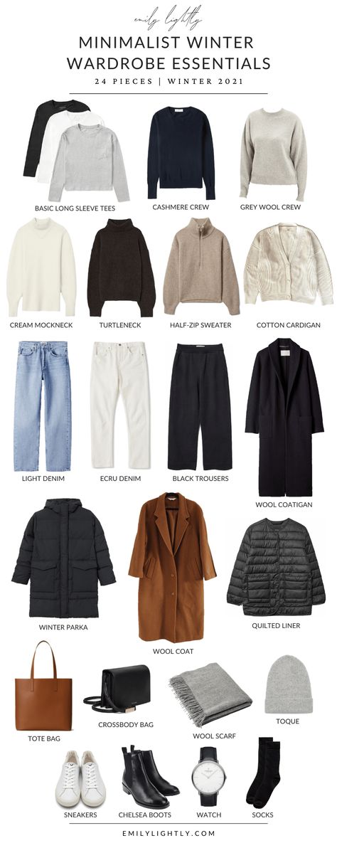 Minimalist Winter Wardrobe Essentials - Emily Lightly Minimalist Winter Wardrobe, Vinter Mode Outfits, Minimalist Wardrobe Capsule, Outfit Minimalist, Minimalist Winter, Classic Capsule Wardrobe, Minimal Wardrobe, Winter Wardrobe Essentials, Capsule Wardrobe Outfits