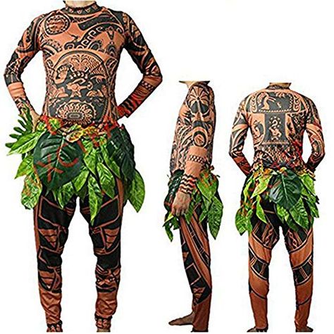 Halloween Adult Men Cosplay Costume Moana Maui Tattoo T Shirt Pants Set Tribal Imprint Tee Trousers with Leaves Skirt (M, Brown) Best Halloween Costumes & Dresses Maui Tattoo, Moana Maui, Tattoo T, Unique Couple Halloween Costumes, Tattoo T Shirt, Leaf Skirt, Women Cosplay, Tattoo T Shirts, Couples Halloween