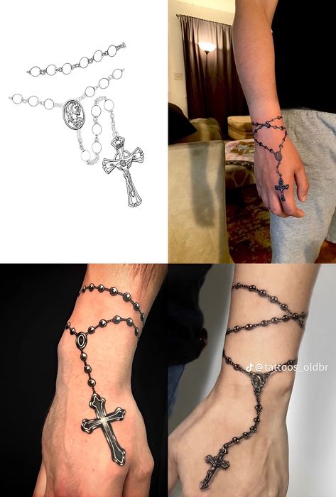 Black And Grey Rosary Tattoo, Rosary Arm Tattoo, Rosery Tattoos Men, Hand Rosary Tattoo, Rosary Tattoo For Men, Chrome Hearts Cross Tattoo, Rosary Tattoo On Hand, Mens Side Tattoos, Tattoos 2024