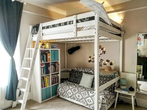 Ikea Stora Loft Bed Hack Small Rooms, Ikea Stora Bed, Ikea Stora Loft Bed, Loft Bed Dorm Room, Loft Bed Bedroom Ideas, Room Ideas Loft, Loft Bed Dorm, Loft Bed Bedroom, Bed Bedroom Ideas