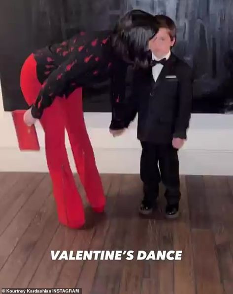 The 42-year-old reality star dressed her seven-year-old on a tuxedo for the mother and son evening and she wore a black and red outfit for the celebration. Mother Son Dance Outfits, Mother Son Matching Outfits, Valentine's Day Dance, Black And Red Outfit, School Dance Outfits, Kourtney Kardashian Instagram, Kardashian Dresses, Mother Son Dance, Head Off