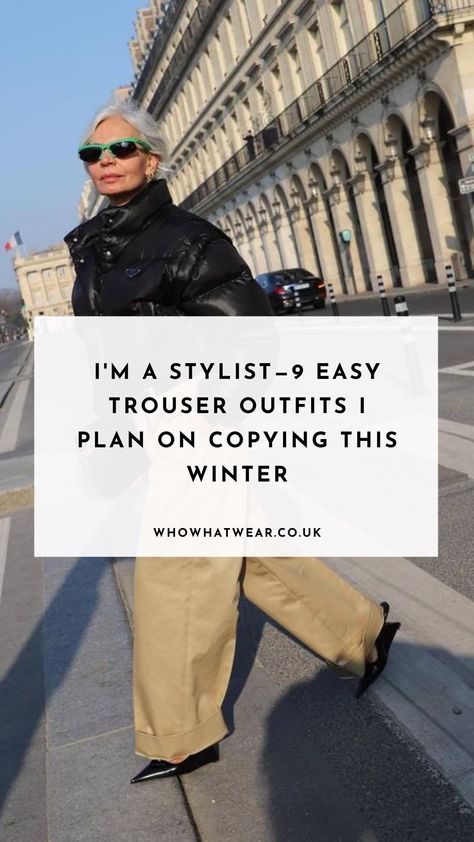 Trousers are a key wardrobe staple, especially in winter. Here, a stylist shows you nine chic winter trouser outfits to copy for the cold weather. Grey Trousers Street Style, Winter Outfits With Trousers, Cream Trousers Outfit Winter, Trousers And Sweater Outfit, Satin Pants Outfit Winter, Classy Trousers Outfit, Winter Trousers Outfit, Trousers Winter Outfit, Cold Weather Outfits Aesthetic