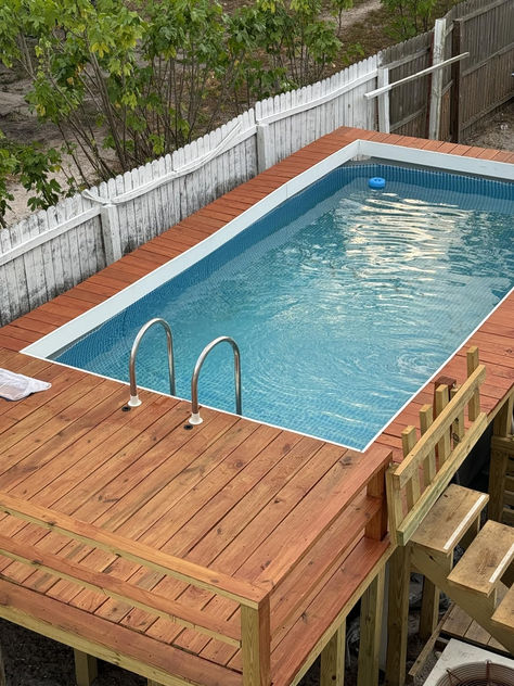 DIY Above Ground Swimming Pool with Deck Deck For Rectangle Above Ground Pool, Rectangle Intex Pool Deck Ideas, Swimming Pool With Deck, Wood Above Ground Pool, Wood Around Above Ground Pool, 18ft Above Ground Pool Deck, Pool With Deck, Sand Filter, Intex Pool