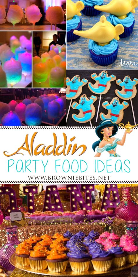 Here are THE BEST Aladdin Party Food Ideas | Brownie Bites Blog Aladin Themed Food, Aladdin Party Food Ideas, Arabian Nights Food Ideas, Aladdin Theme Party Food, Alladin Theme Birthday Party, Genie Birthday Party Ideas, Arabian Nights Party Food, Aladdin Table Decorations, Aladdin Themed Snacks