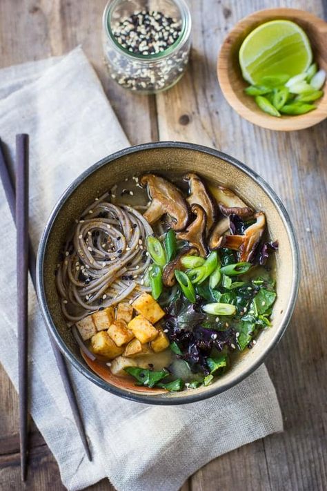 Miso and Soba Noodle Soup with Roasted Sriracha Tofu and Shiitake Mushrooms Soba Noodle Soup, Soba Soup, Sriracha Tofu, Soba Noodles Soup, Bojon Gourmet, Soba Noodle, No Meat, Shiitake Mushrooms, Soba Noodles