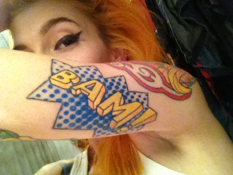 Bam! My Lichtenstein comic book style inspired tattoo. Pop Art Lichtenstein, Book Tattoo Ideas, Comic Book Tattoo, Video Game Tattoos, See Tattoo, Pop Art Tattoos, Comic Tattoo, Gaming Tattoo, Star Wars Tattoo