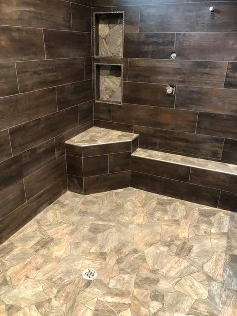 Dark Brown Shower Tile, Large Tile Shower Ideas Walk In, Rustic Bathroom Shower, Pool House Bathroom, Concrete Shower, Rustic Bathroom Remodel, Tile Showers, Painting Shutters, Shower Plumbing