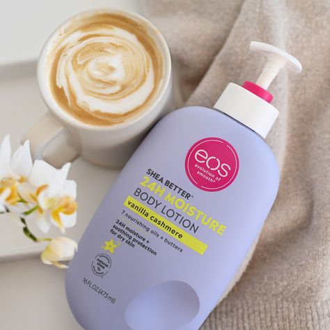 Our sweet and nuzzly Vanilla Cashmere body lotion captures the warmth of whipped vanilla, the softness of musk and the coziness of the caramel for a rich, luxurious fragrance with a sensual twist. - 24-hour moisture + soothing protection for dry skin - Leaves your skin soft, without greasiness, heaviness or sticky residue - Contains sustainably-sourced ingredients - Dermatologist tested & hypoallergenic - Not tested on animals - 7 nourishing oils + butters - Parabens, phthalates, & gluten free Eos Lotion, Vanilla Lotion, Vanilla Cashmere, Shea Butter Body Lotion, Caramel Skin, Eos Products, Better Body, Body Hacks, Body Care Routine