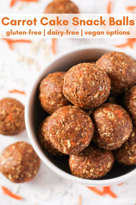 Carrots, coconut, cinnamon, nutmeg, nut butter, protein powder, and oats are combined to make carrot-cake inspired Carrot Cake Snack Balls. Easily made in a food processor too! They're gluten-free, easily dairy-free and vegan. Easy Homemade Snacks, Homemade Snacks Recipes, Dairy Free Protein, Cake Snack, Snack Balls, Healthy Homemade Snacks, Gluten Free Carrot Cake, Gluten Free Protein, Healthy Carrot Cakes