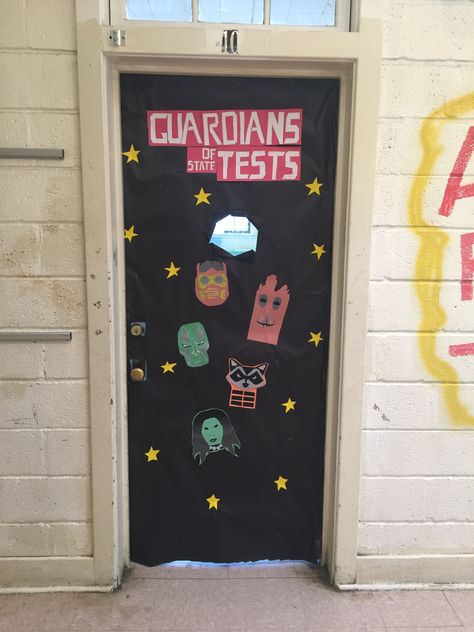 Guardians of the Galaxy. State Testing. Classroom Door. Guardians Of The Galaxy Bulletin Board, Guardians Of The Galaxy Classroom Theme, Galaxy Classroom, Superhero Bulletin Boards, Room Parent, Reading Month, Classroom Doors, Superhero Classroom, Parents Room