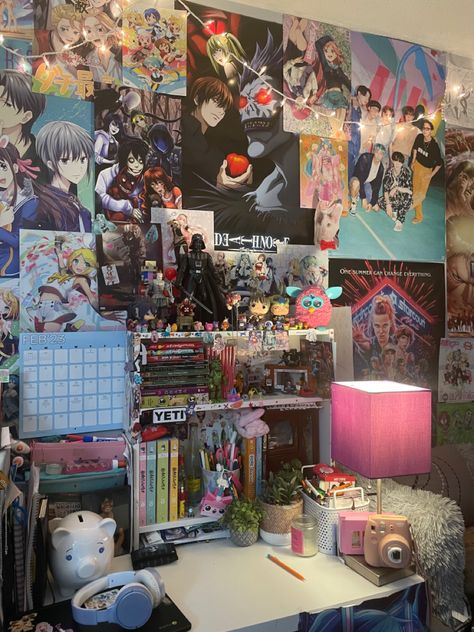 Please don't repost without my permission!! Desk Maximalist, Alt College Dorm, Dorm Room Anime Aesthetic, Maximalist Bedroom Alt, Anime Maximalist Room, Messy Room Aesthetic Anime, Bookshelves In Bedroom, Magical Room, Room Hacks