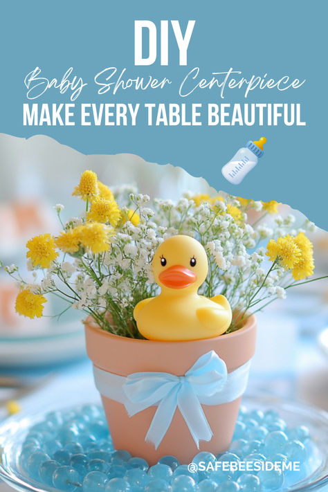 A DIY baby shower centerpiece with a mini flowerpot featuring a rubber ducky surrounded by yellow and white flowers. The pot is placed on a layer of blue glass beads, creating a playful water-inspired look for a baby shower table decoration. *We may earn a small commission from your purchase. Ducks Baby Shower Ideas, Yellow Themed Baby Shower Ideas, Rubber Duck Decorating Ideas, Rubber Duck Baby Shower Ideas, Duck Baby Shower Ideas, Rubber Duck Centerpieces, Rubber Ducky Baby Shower Ideas, Toddler Party Decorations, Simple Baby Shower Centerpieces