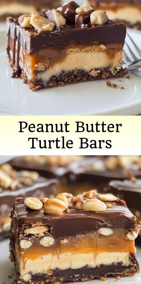 Save this Turtle Dream Bars with Peanut Butter Twist recipe for your next dessert craving! The creamy peanut butter layer adds a delicious twist to the classic no-bake treat. Perfect for any occasion, these bars are sure to be a hit with your family and friends. #DessertRecipe #PeanutButterDessert #SweetTreats #ChocolateCaramelBars #EasyRecipe Turtle Bars Recipe, Bars With Peanut Butter, Turtle Dessert, Caramel Pecans, Magic Cookie Bar Recipe, Turtle Bars, Praline Recipe, Chocolate Peanut Butter Brownies, Homemade Fudge Recipes