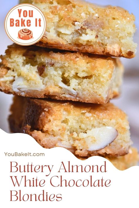 Almond White Chocolate Blondies Recipe | You Bake It Almond Blondies Recipe, Almond Blondies, White Chocolate Blondies Recipe, Chocolate Blondies Recipe, Blondie Recipe, Chocolate Blondies, White Chocolate Brownies, White Chocolate Blondies, Cake Mix Cookie Recipes